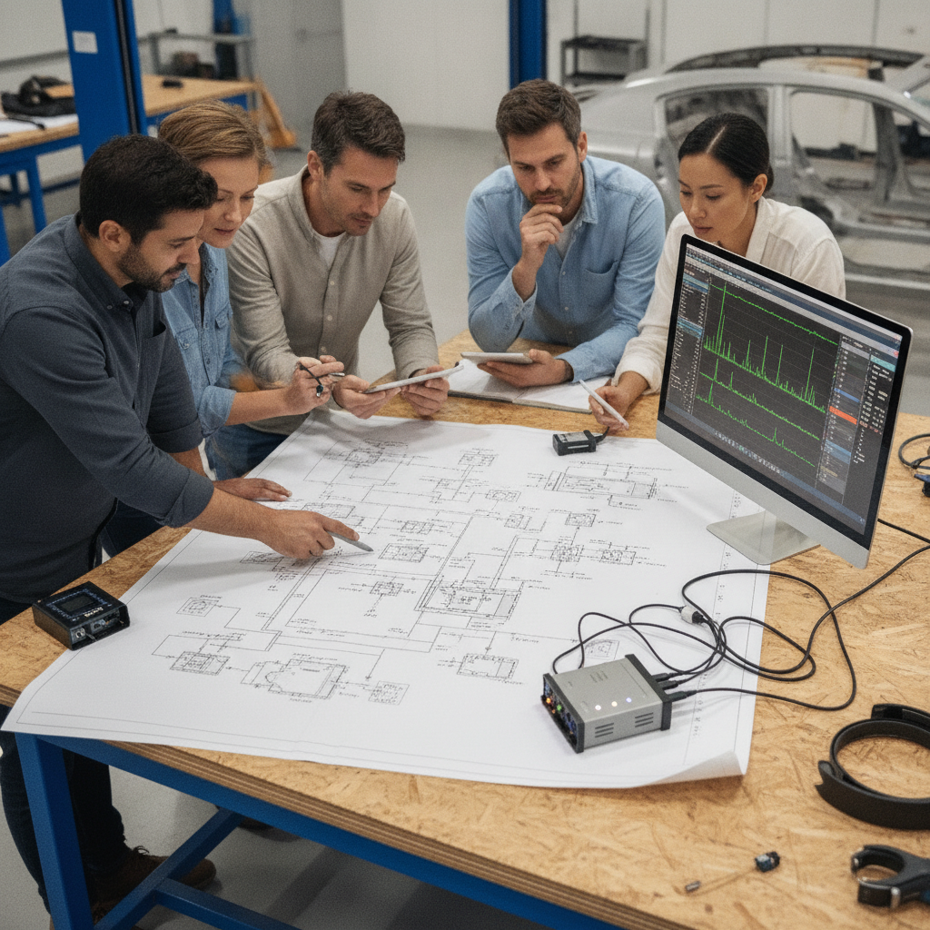 Engineers collaborating in a workshop, discussing a diagram of a car's electronic system while looking at data on a monitor, with a CAN data logger on the table.
